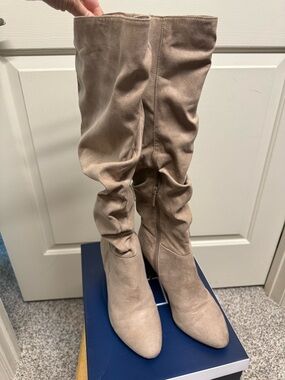 Kaari Blue Taupe Slouch Knee-High Heeled Boots